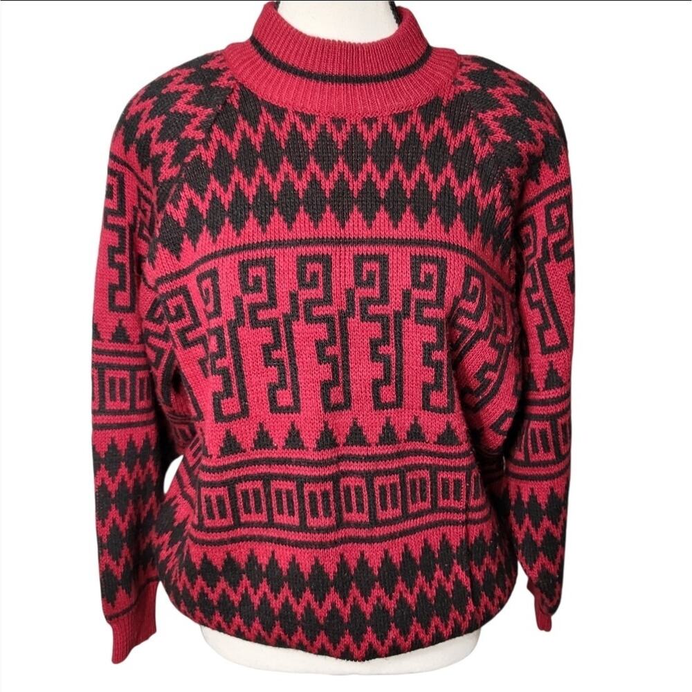 80s Vtg PASTA Womens M Art Deco Mockneck Red Black Tribal Sweater